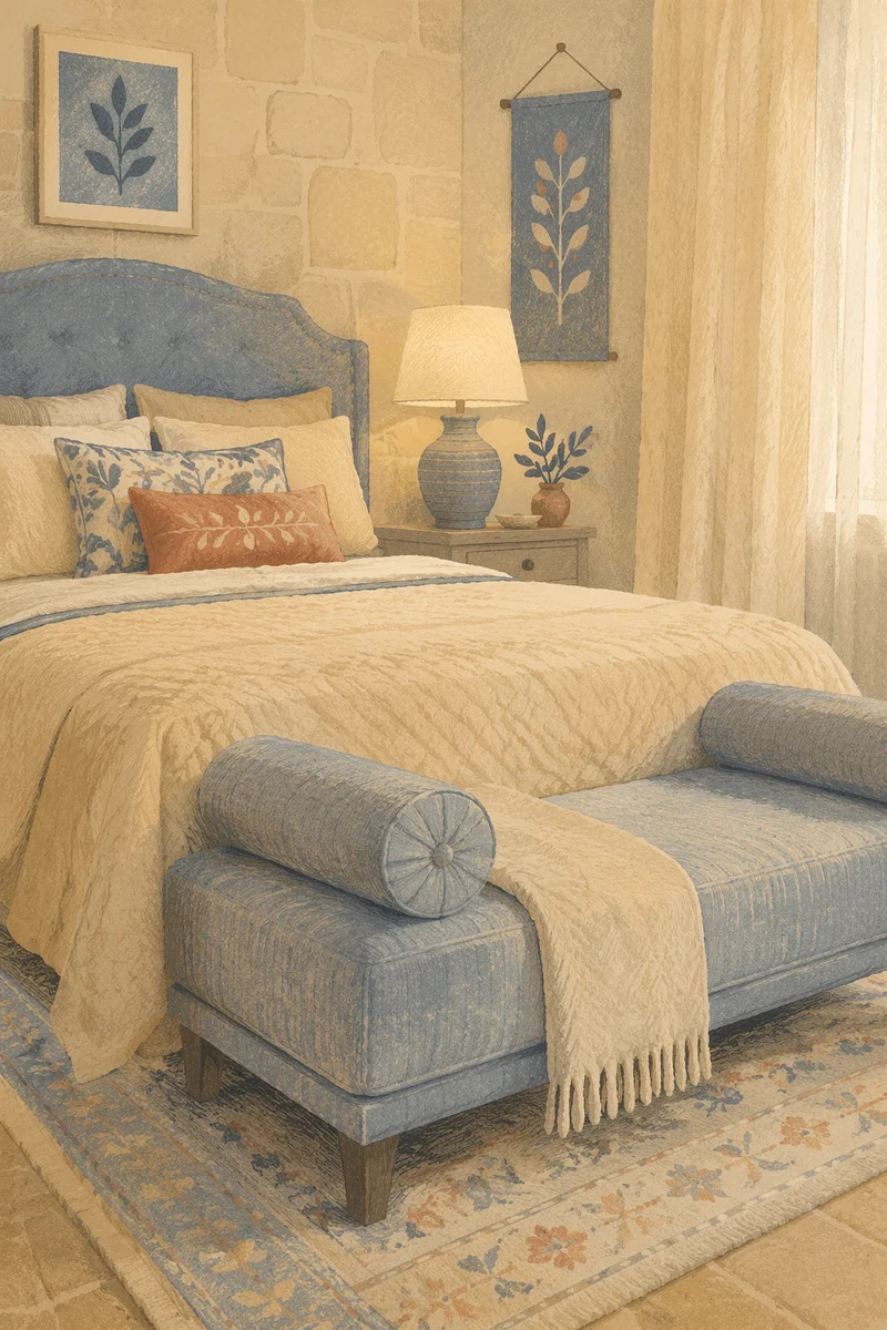 Luxury Hotel Bed with Soft Blue Bench