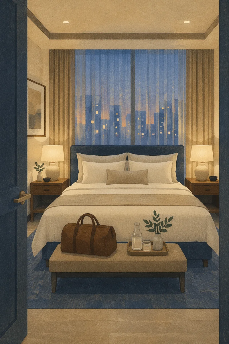 Serene Luxury Hotel Bed at Blue Hour