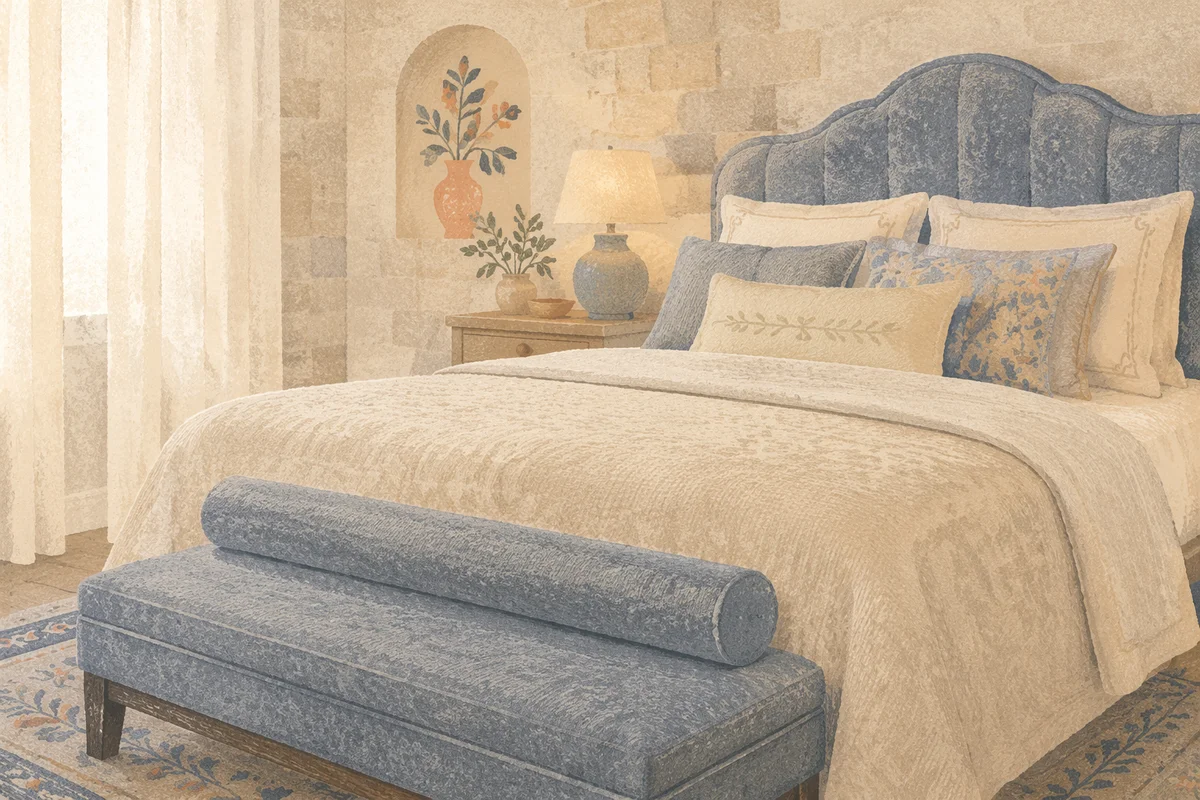 Luxury Hotel Bed with Soft Blue Bench
