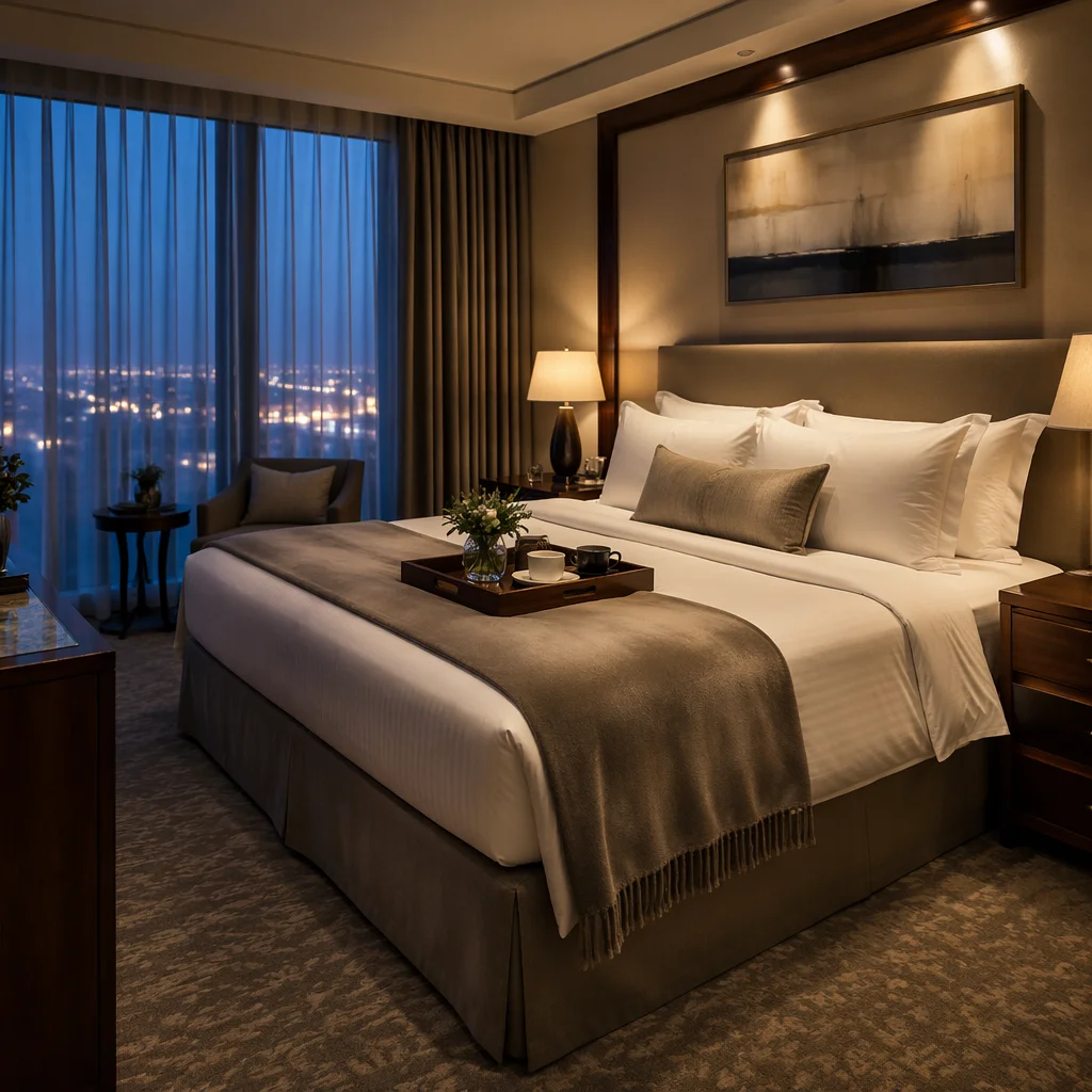 Luxury Hotel Room Bed at Blue Hour
