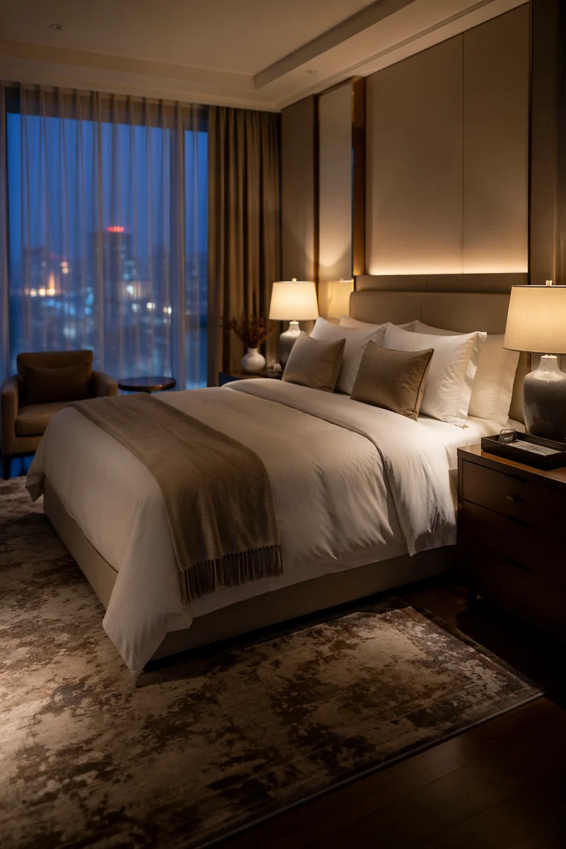 Luxury Hotel Room Bed at Blue Hour