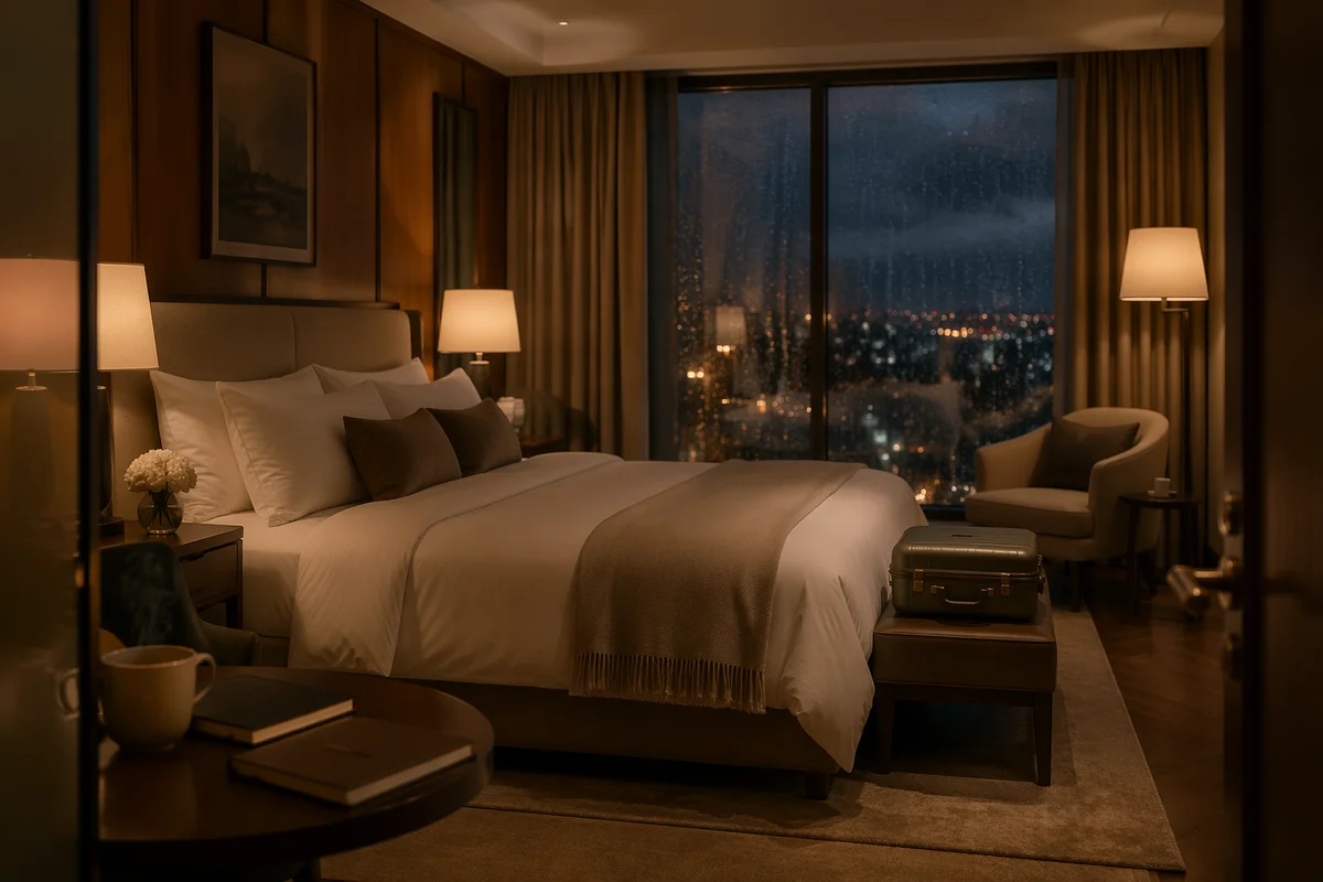 Luxury Hotel Room Bed at Blue Hour