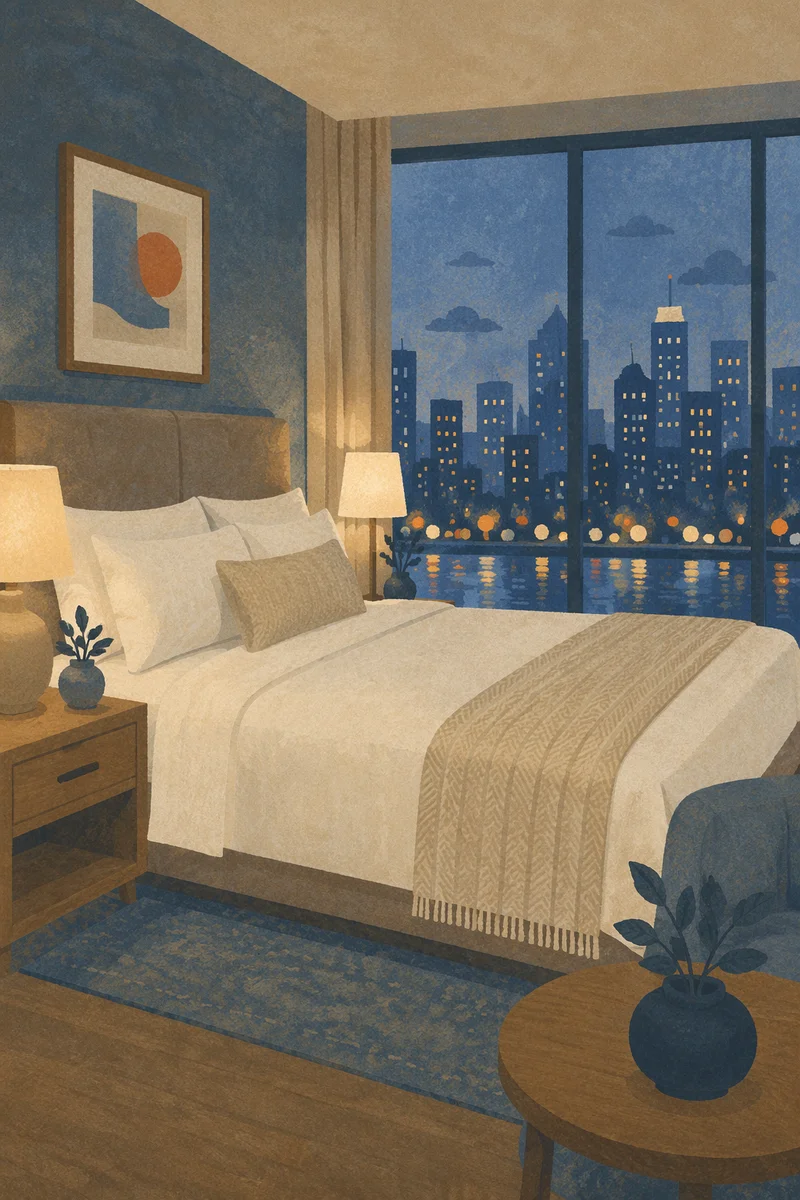 Elegant Hotel Room Bed with City View