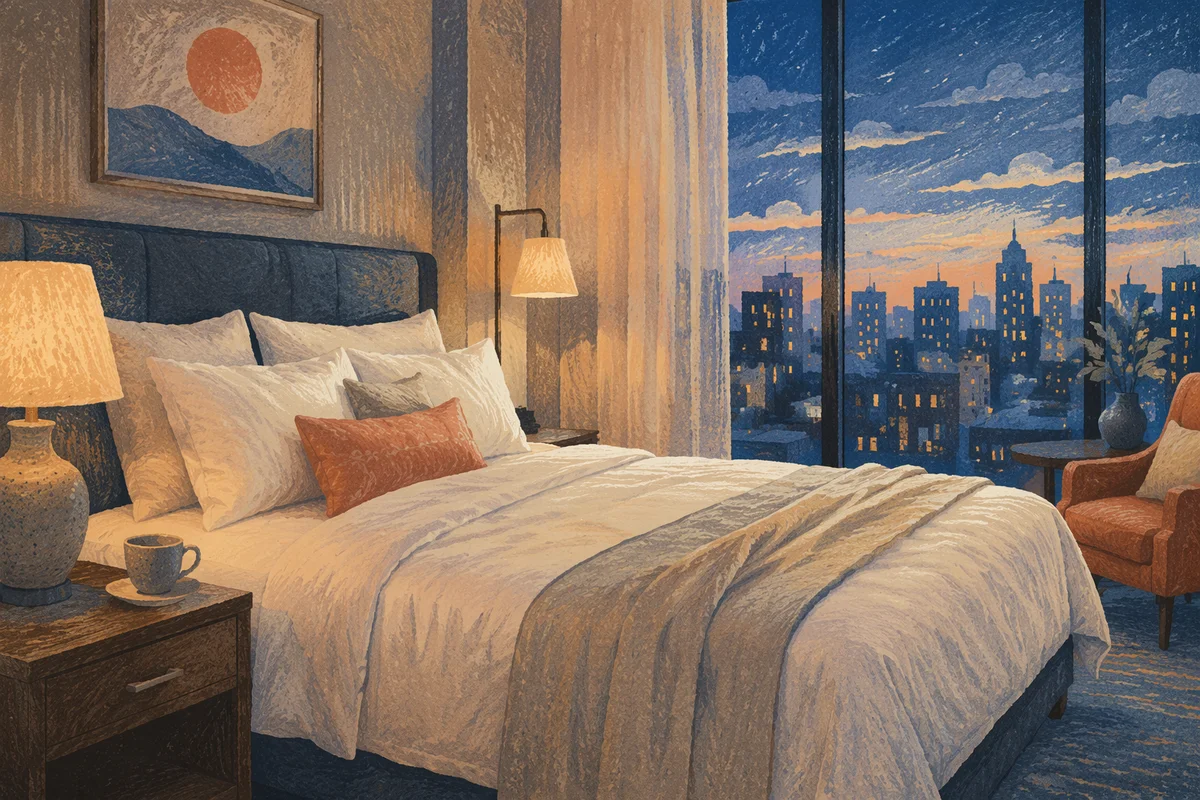 Cozy Hotel Bed with City View