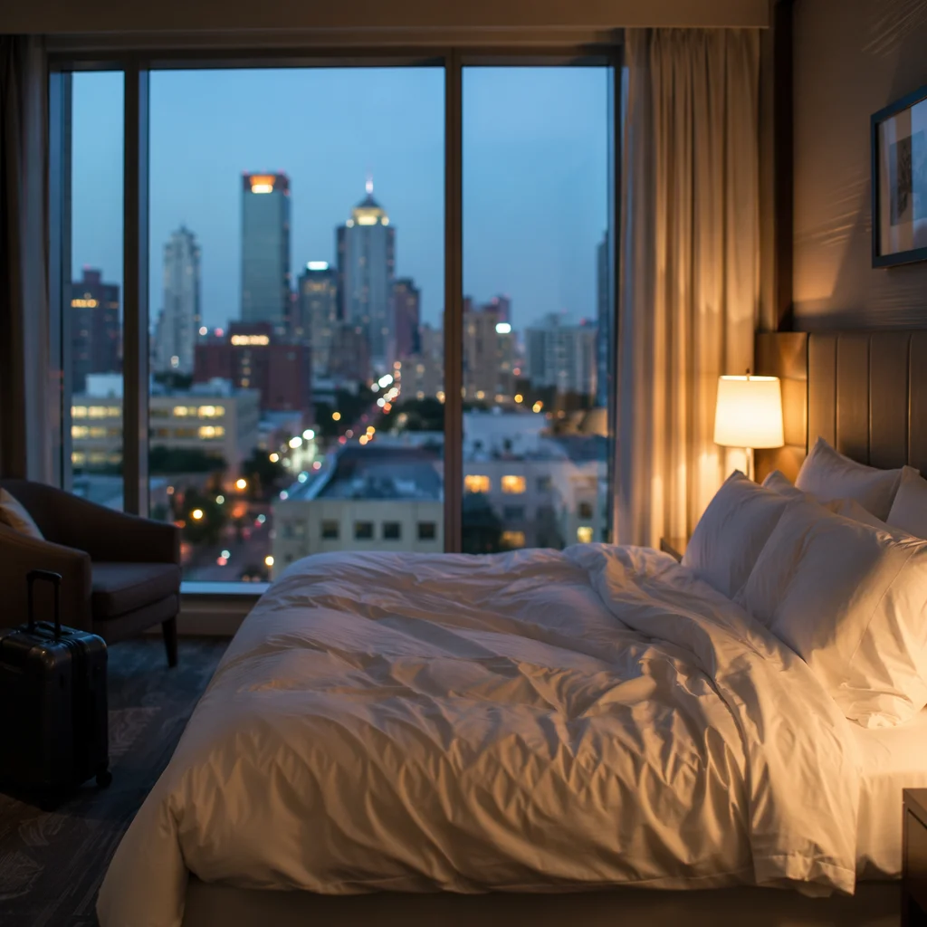 Serene Hotel Room Bed with City View
