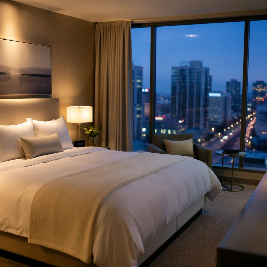 Luxury Hotel Room Bed with City View