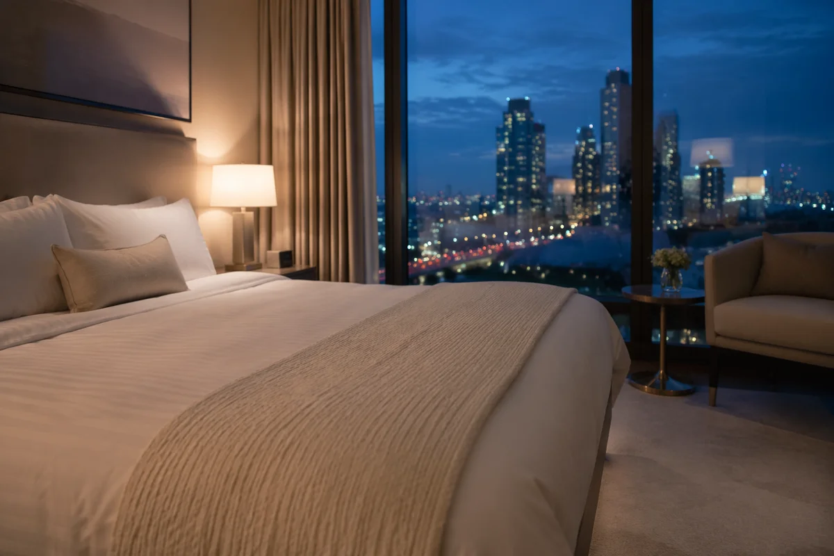 Upscale Hotel Room Bed with City View