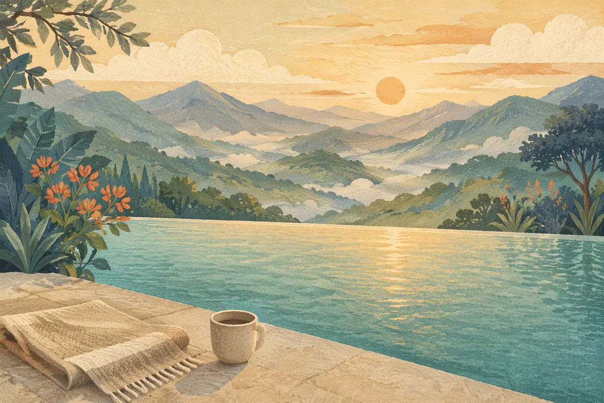 Serene Infinity Pool Over Misty Valley