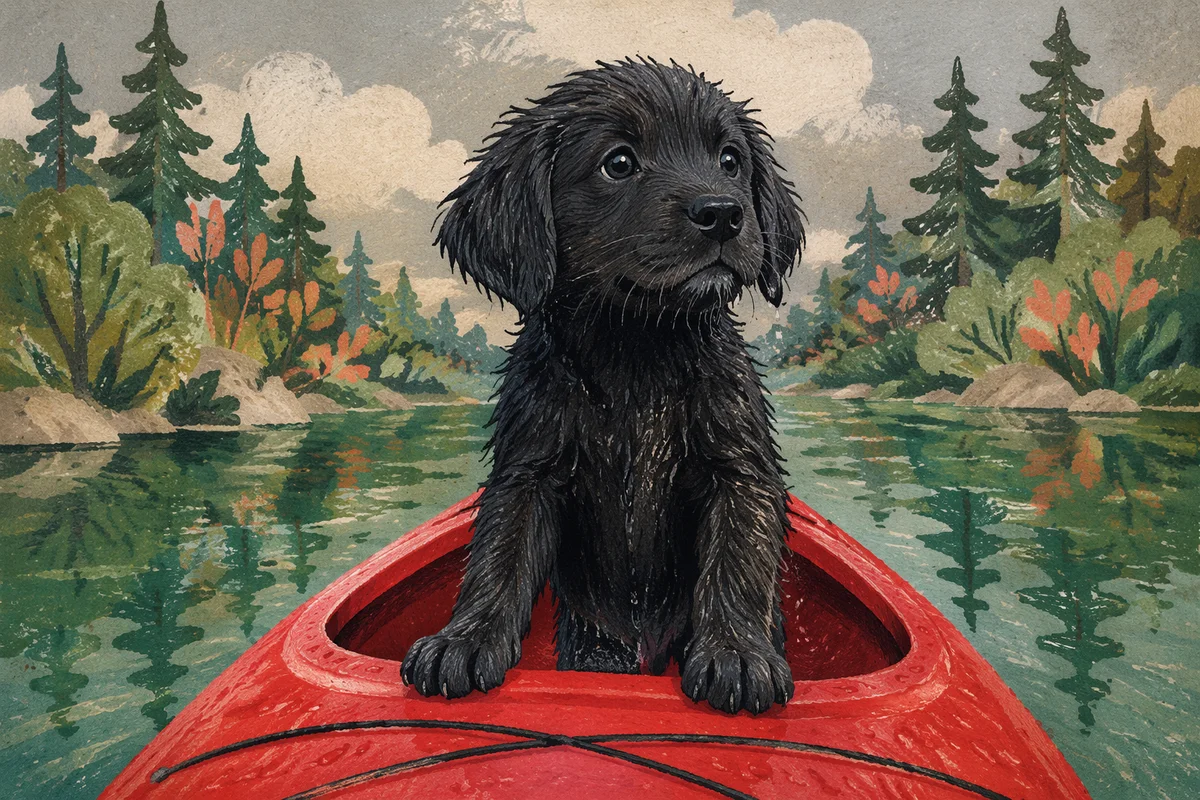 Black Retriever Puppy in Red Kayak
