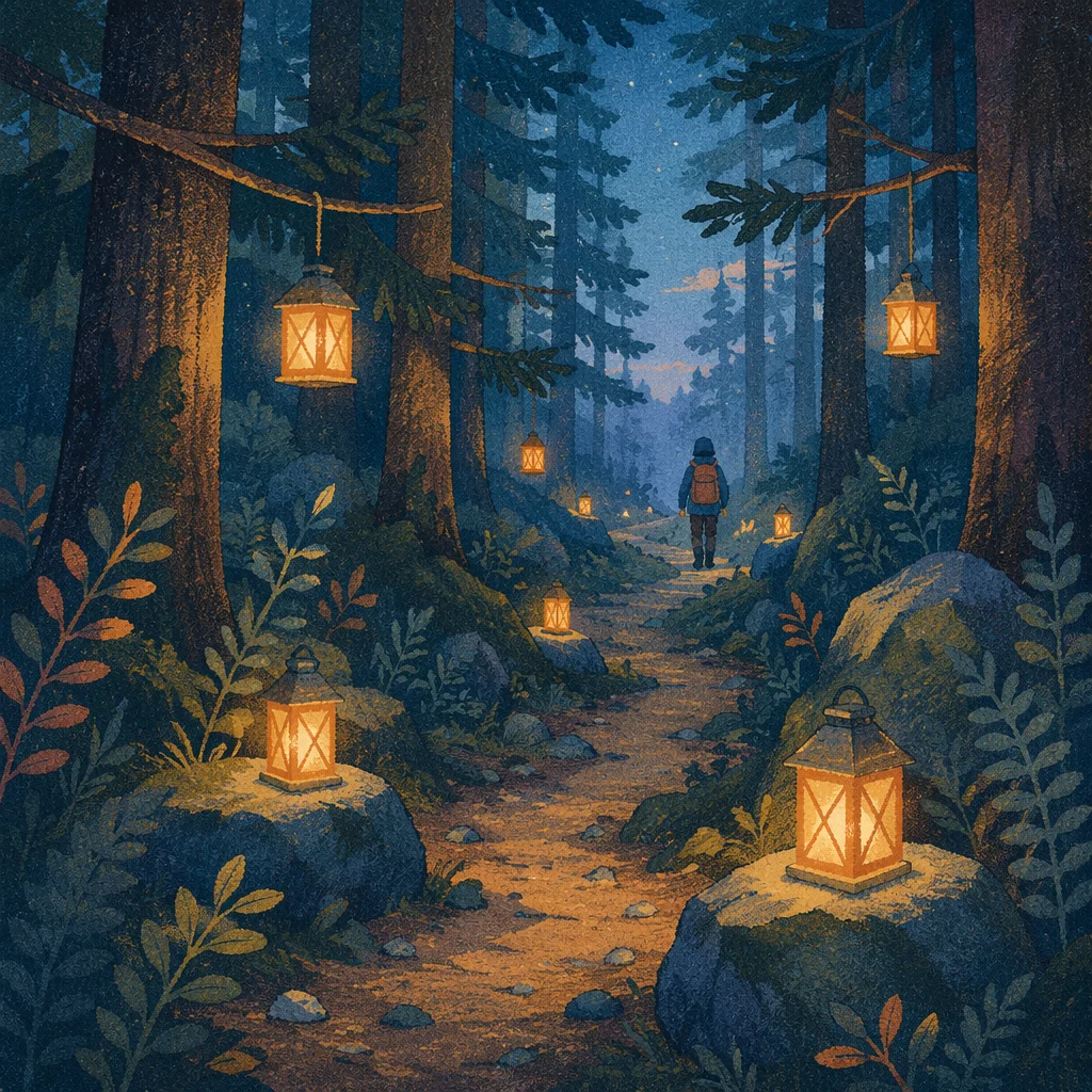 Lantern Lit Forest Path at Blue Hour