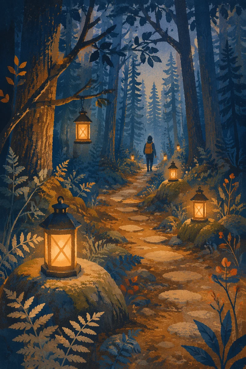 Lantern Lit Forest Path at Blue Hour