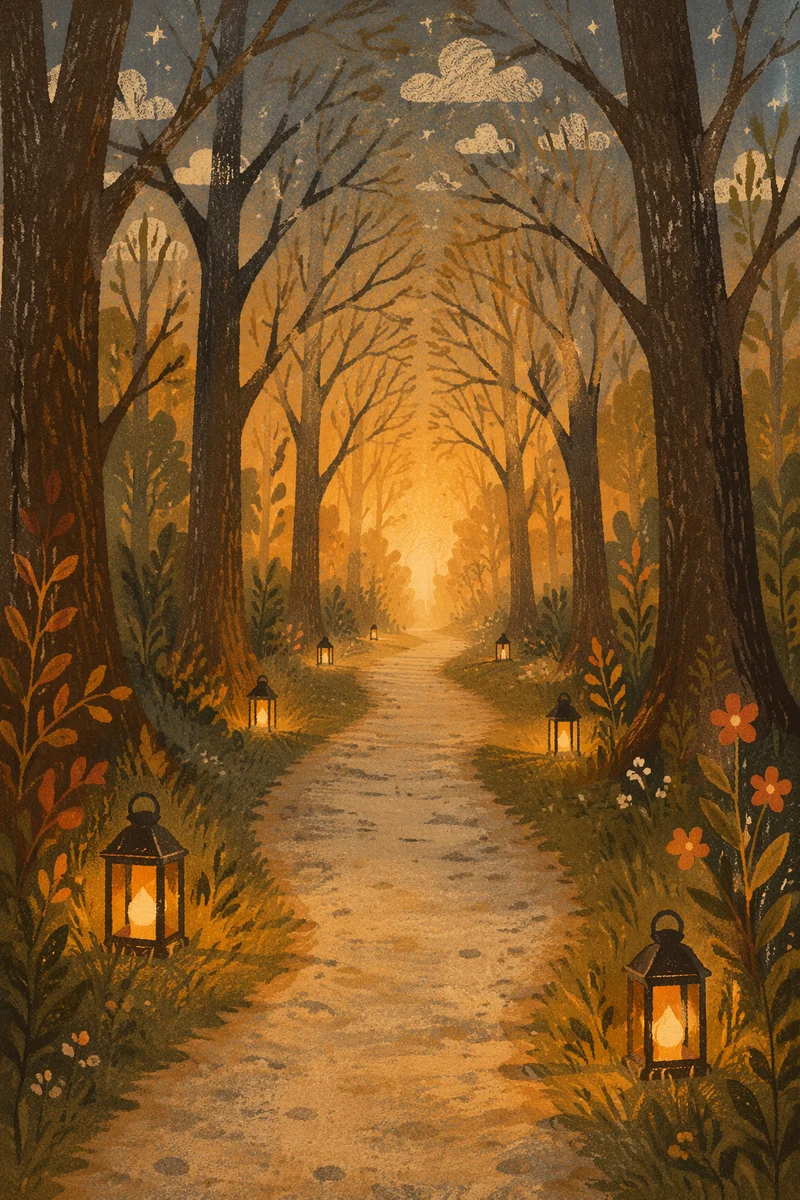 Lantern-Lit Forest Path at Magical Evening