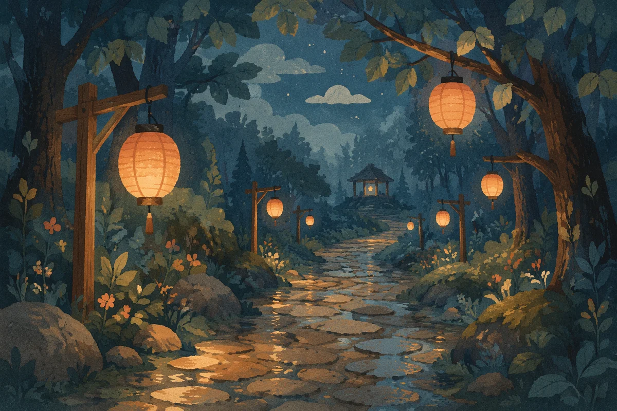 Lantern Lit Forest Path at Blue Hour