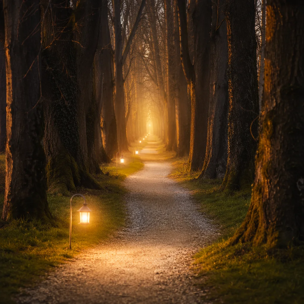 Lantern Lit Forest Path at Evening