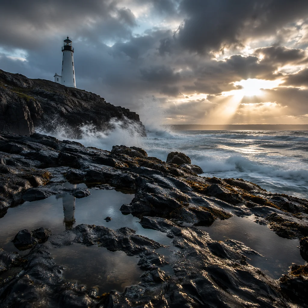 Solitary Lighthouse Above Dramatic Rocky Ocean