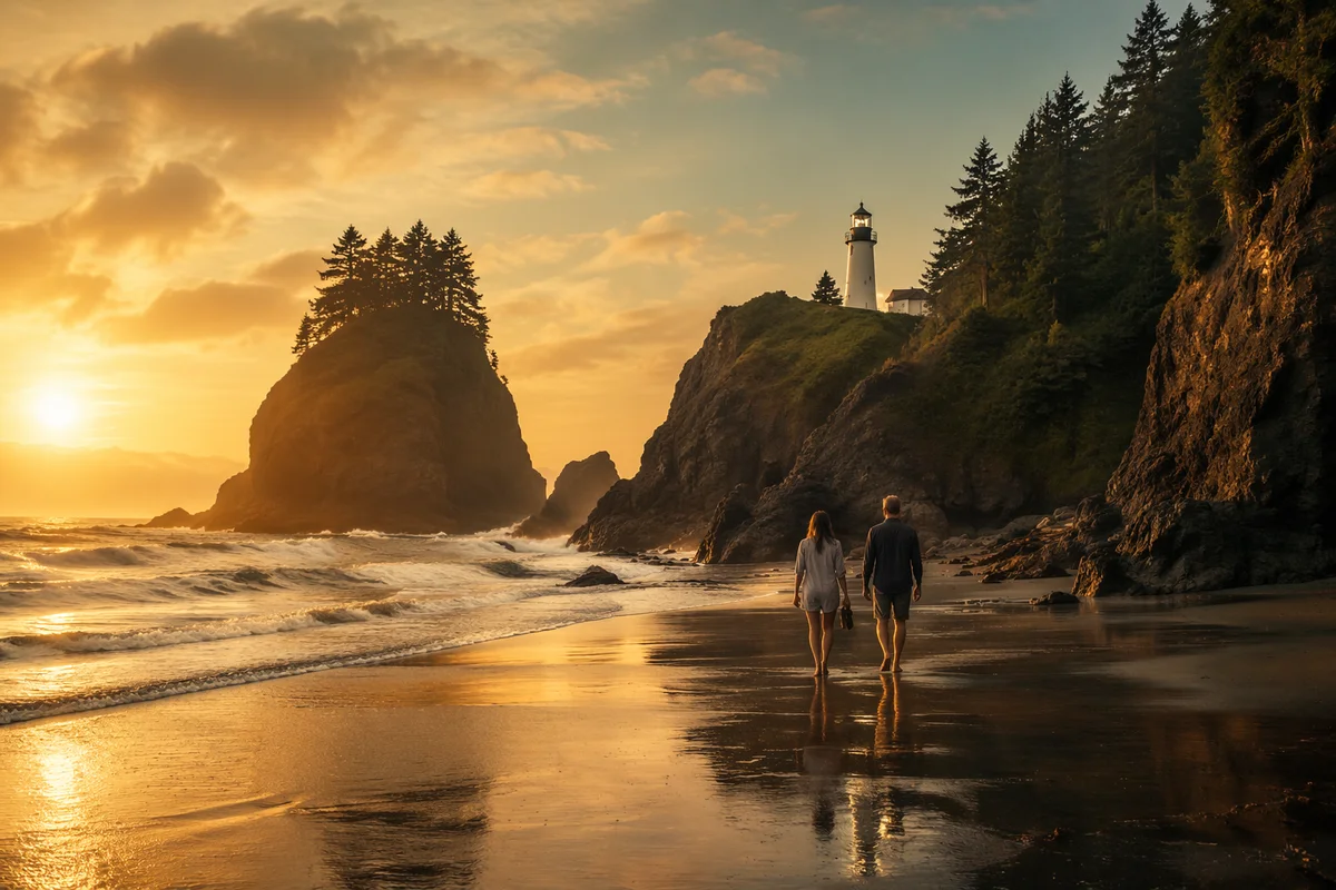 Lighthouse on Rocky Coast at Golden Hour