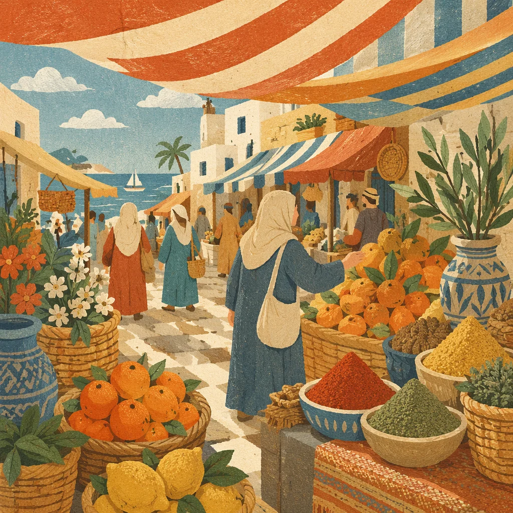 Colorful Coastal Market Stalls at Sunrise