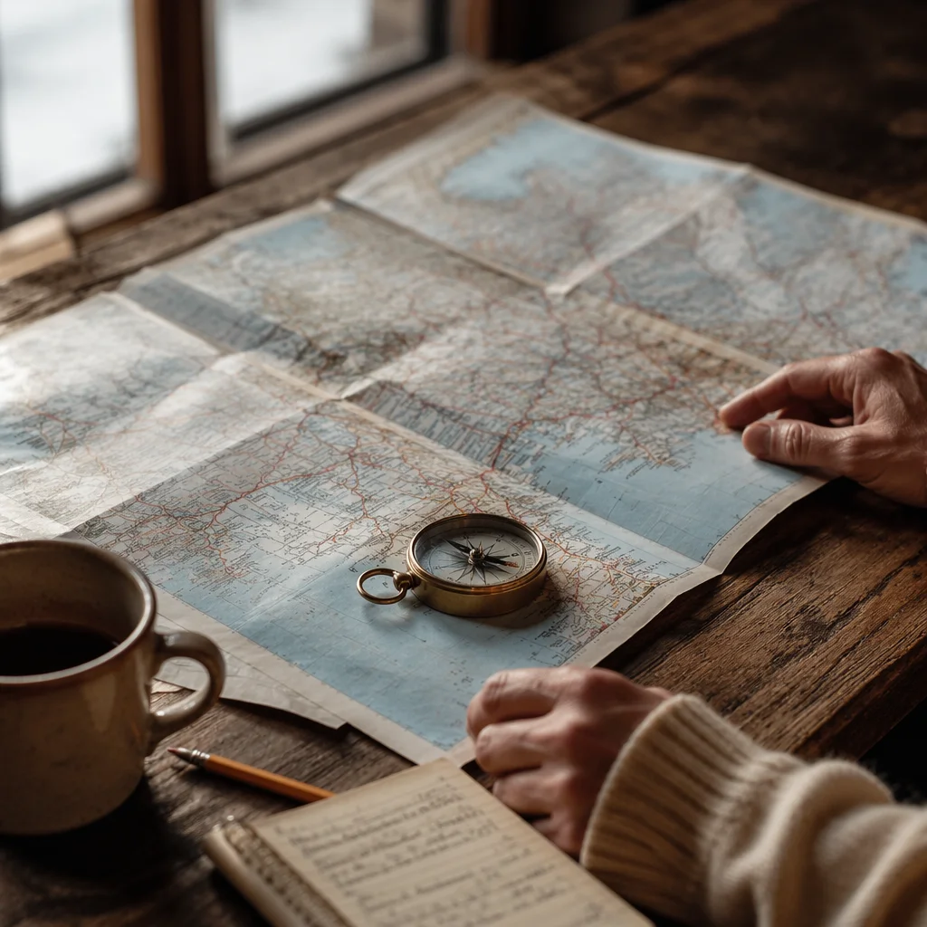 Map and Compass Travel Planning Scene
