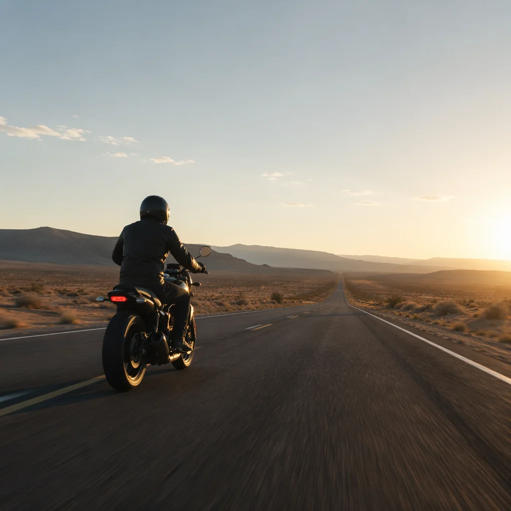 Lone Motorcycle at Desert Sunrise