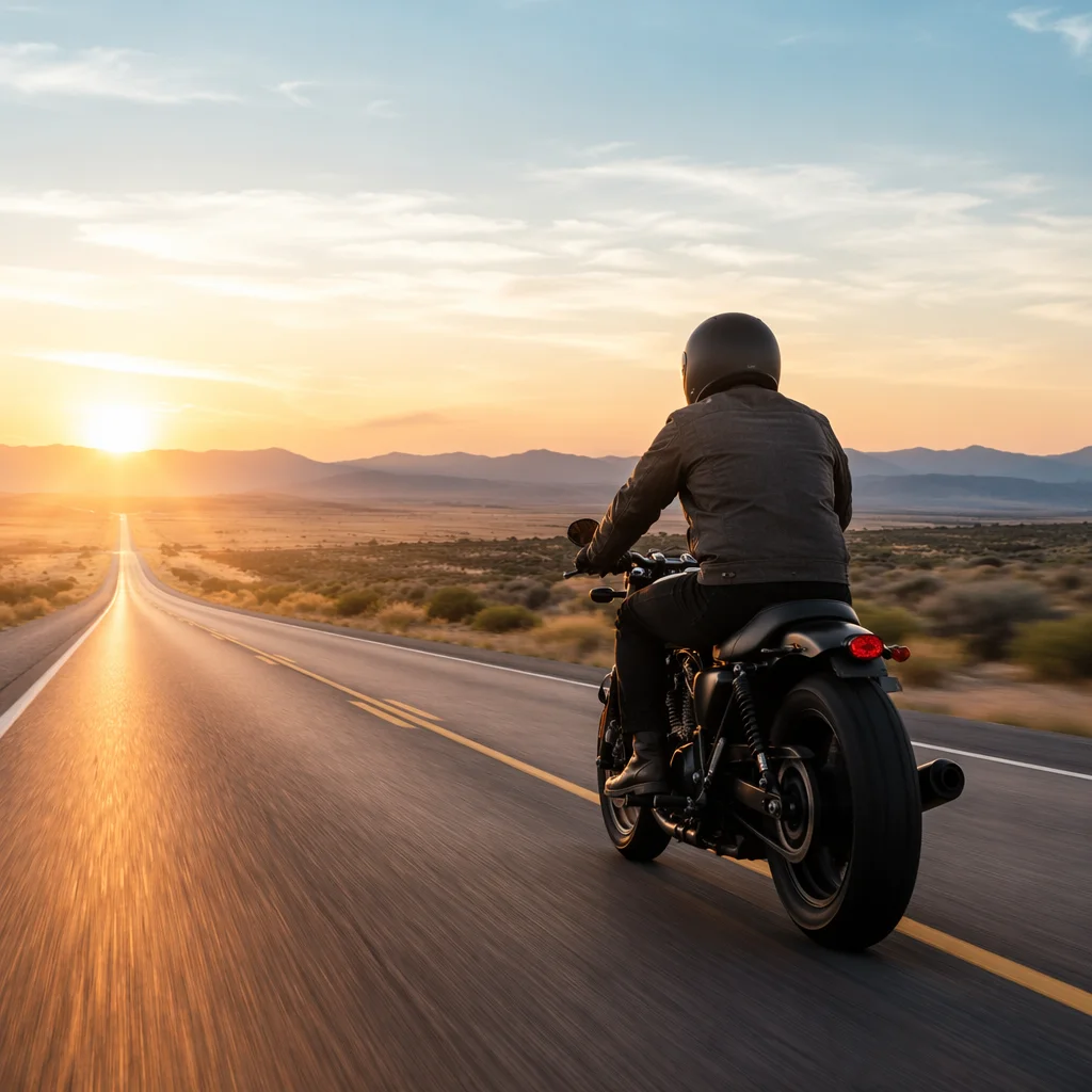 Lone Motorcycle at Sunrise Desert Highway