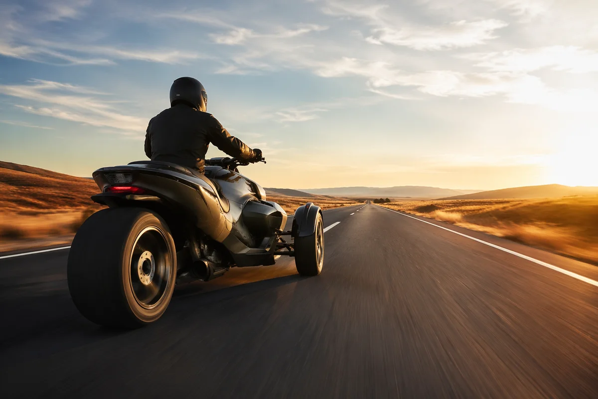 Futuristic Three-Wheeled Motorcycle at Sunset