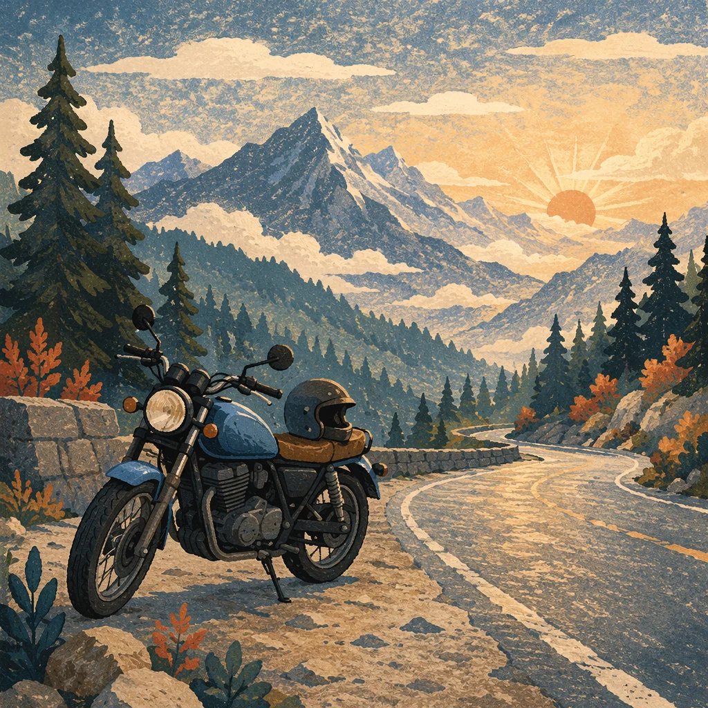 Motorcycle on Misty Mountain Road