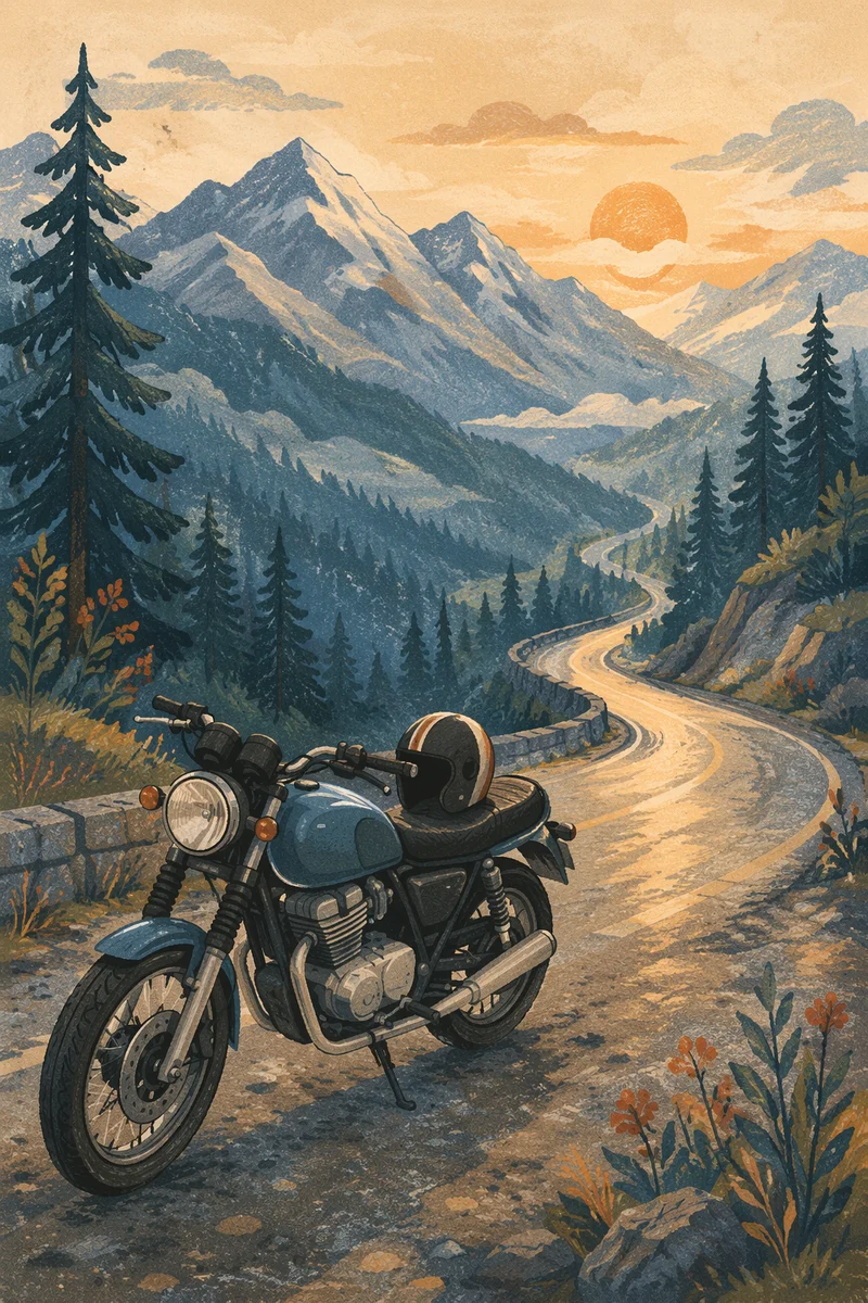 Motorcycle on Misty Mountain Road at Dawn
