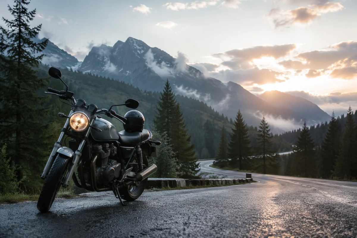 Motorcycle on Misty Mountain Road at Dawn