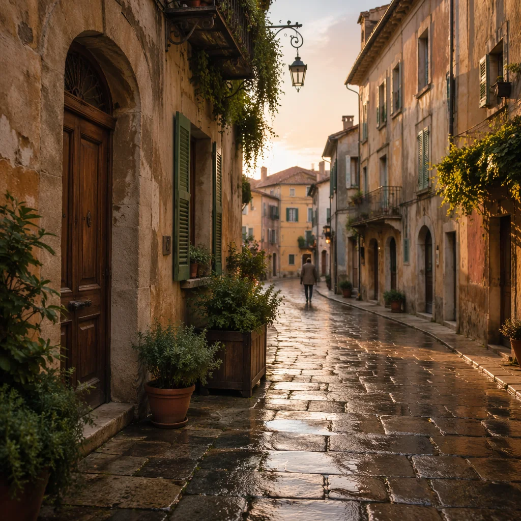 Sunrise Walk on Old European Cobblestones