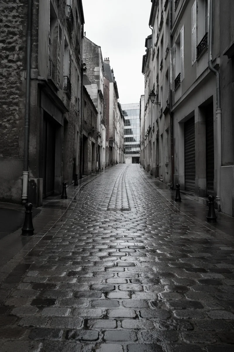 Rainy European Cobblestone Street at Dawn