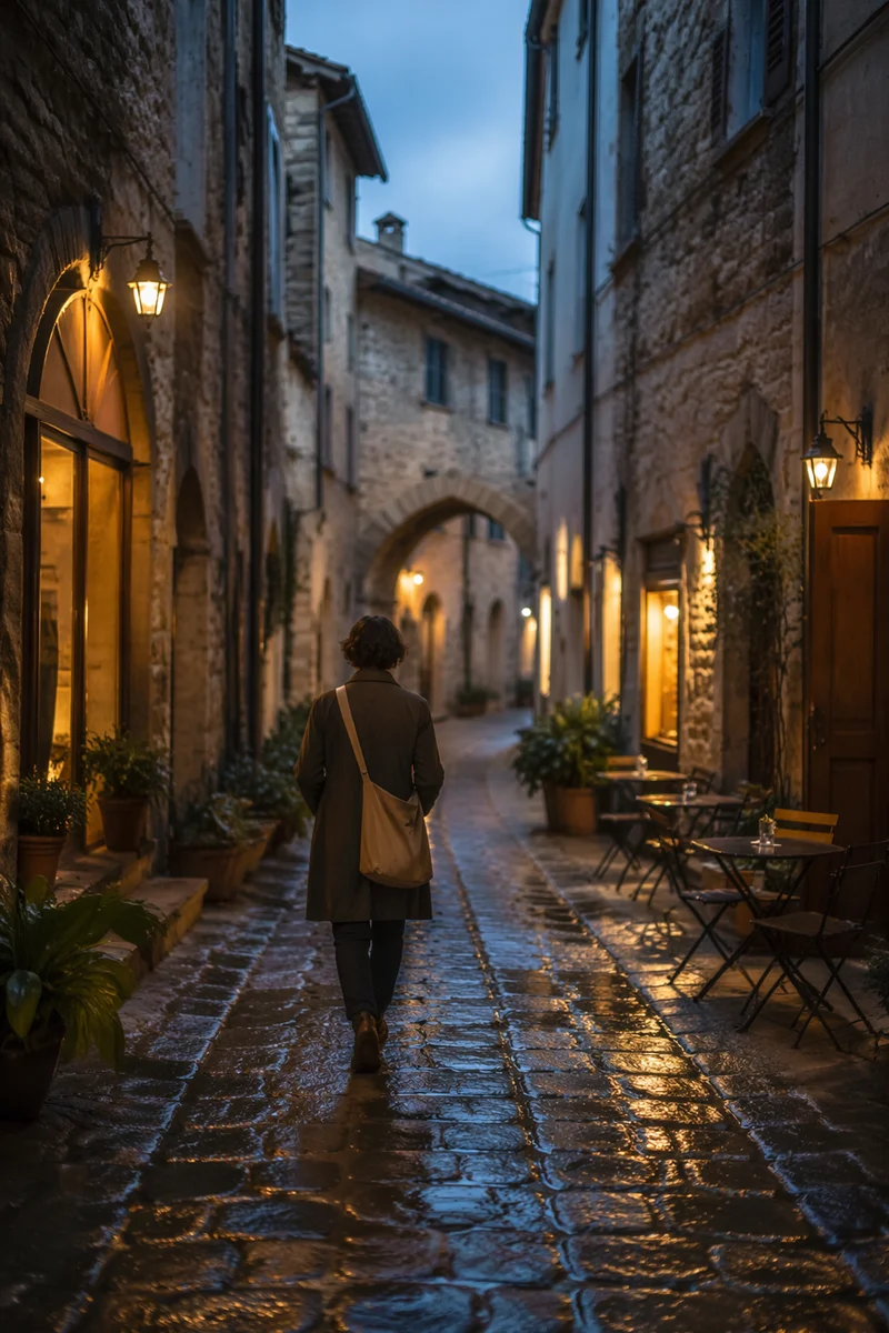 Rainy Old European Cobblestone Street Journey
