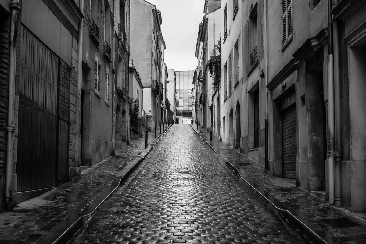 Rainy European Cobblestone Street at Dawn