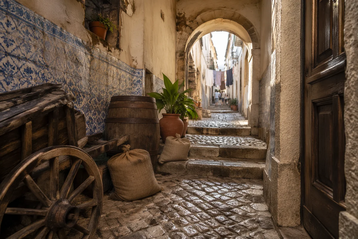 Narrow European Cobblestone Passageway at Sunset