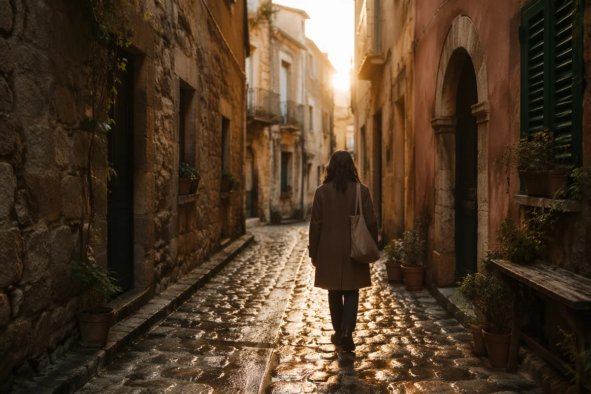 Morning Walk Through Old European Cobblestone Street