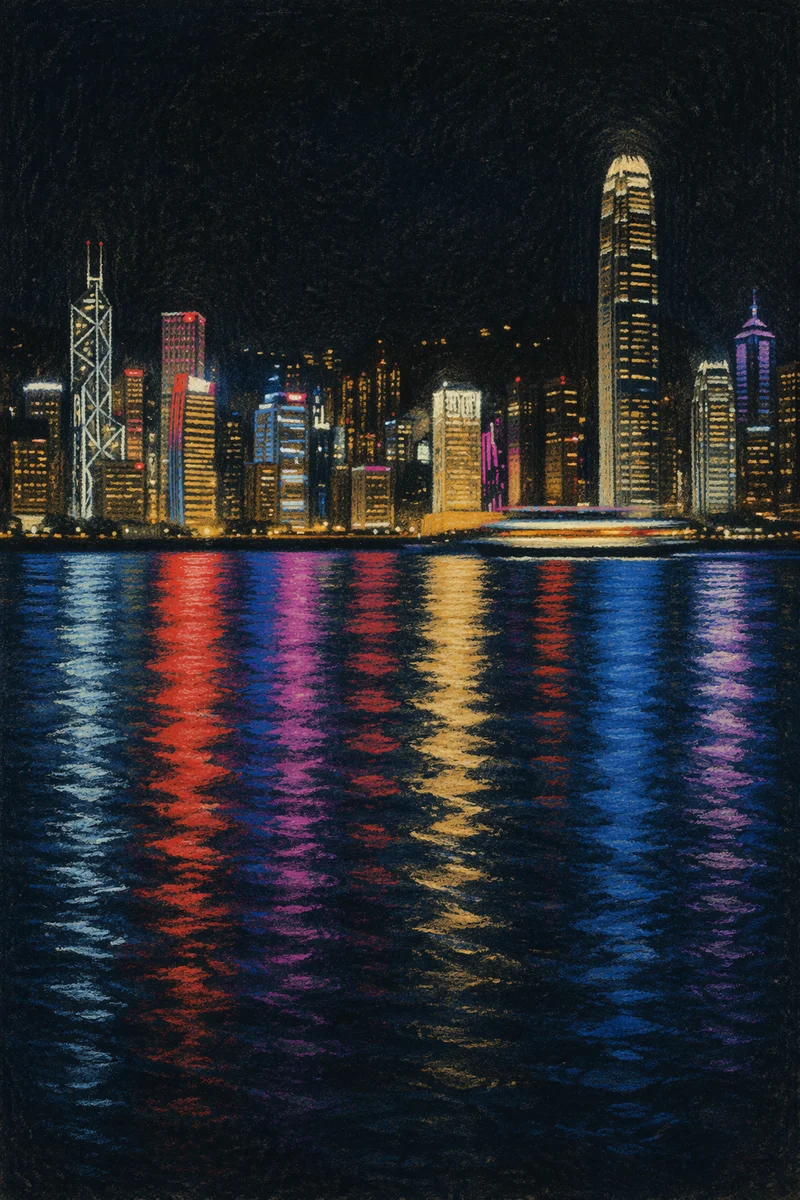 Night City Skyline Across Harbor Reflections