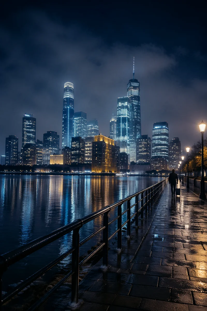 Rainy Night City Skyline Waterfront Reflections