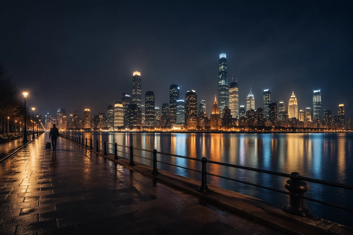Rainy Night City Skyline by Waterfront