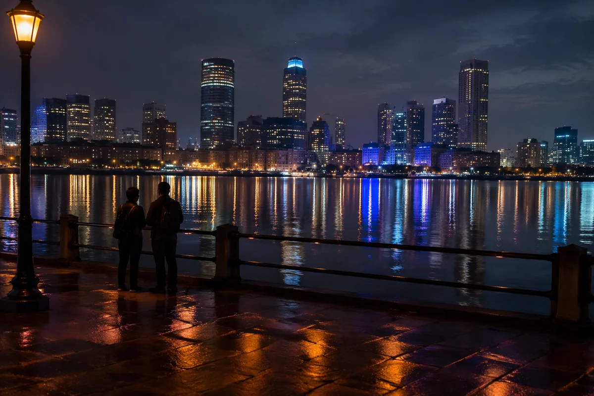 Peaceful Night City Skyline by Harbor