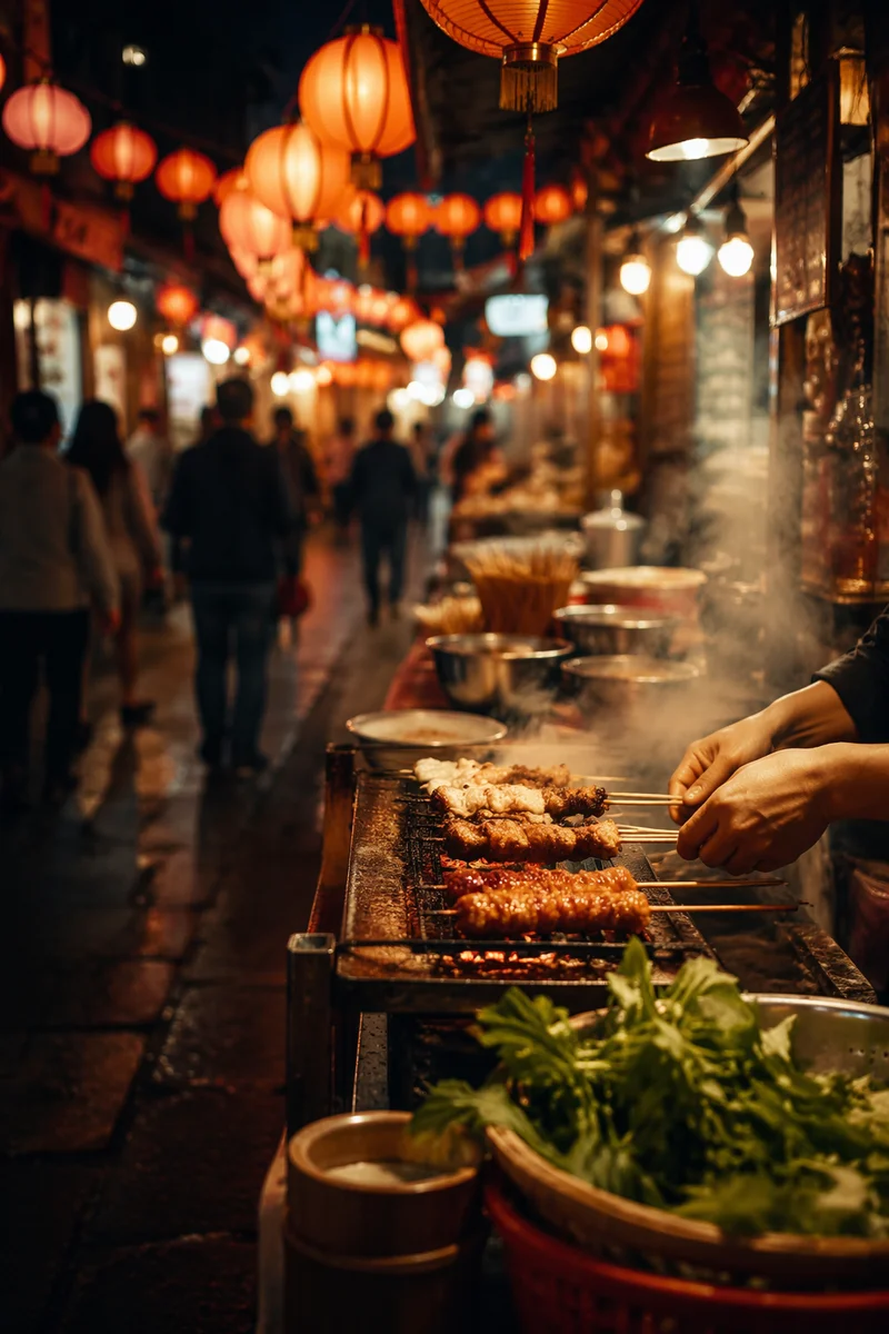 Warm Lantern Night Market Street Food Scene