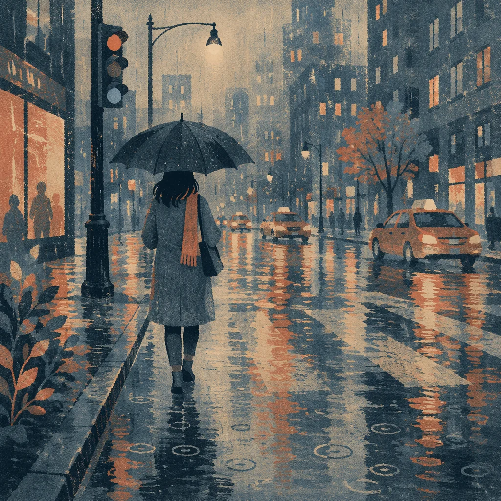 Rainy City Street Reflections at Blue Hour
