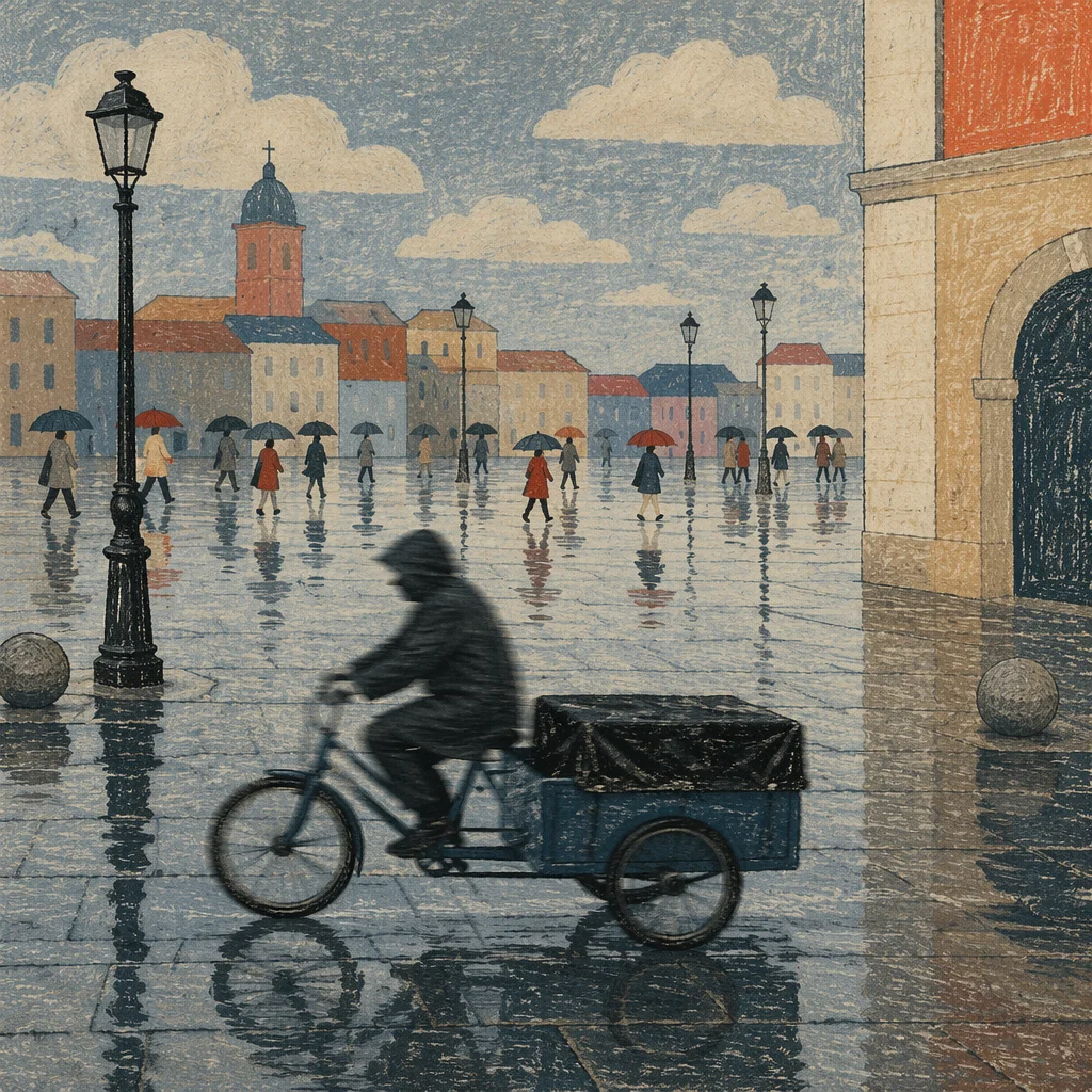 Rainy City Reflections with Umbrella Commuters