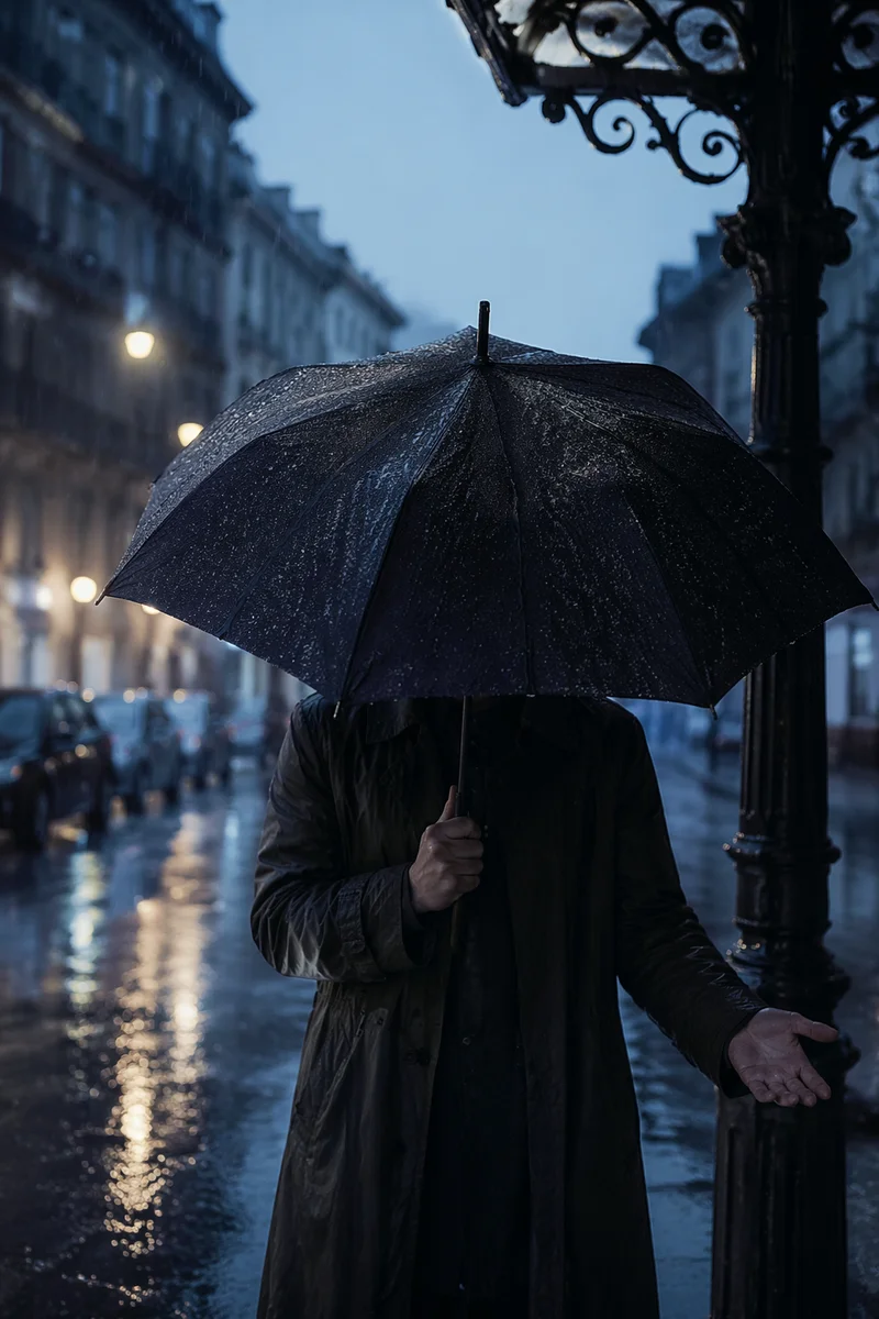 Solitary Traveler Under Umbrella at Blue Hour