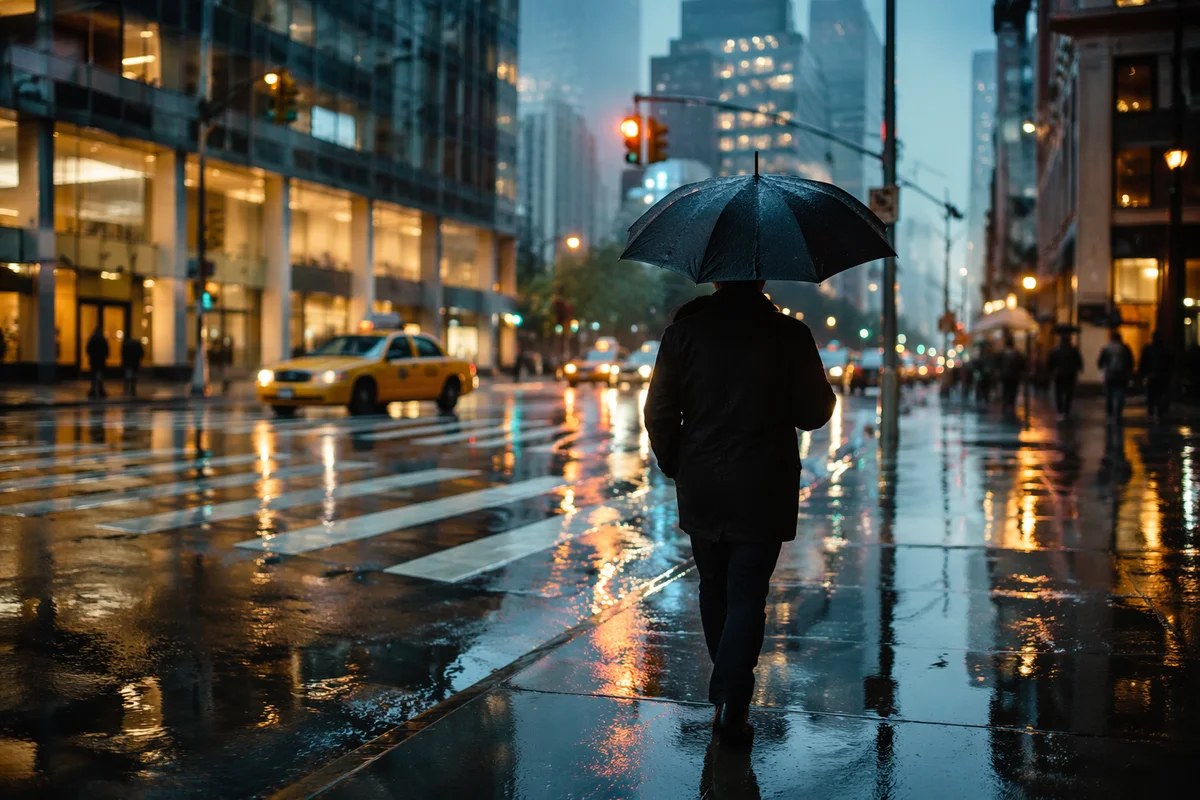 Rainy City Street Reflections at Blue Hour