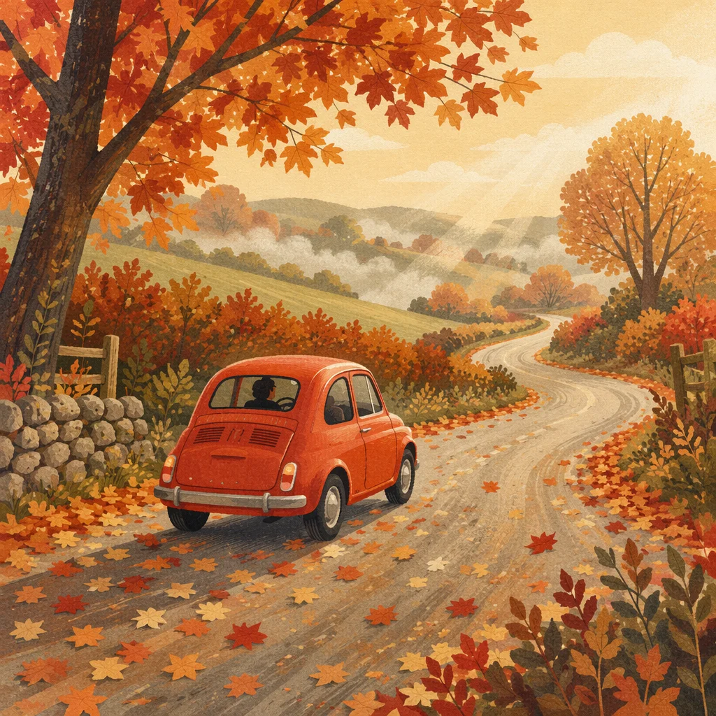 Red Car on Autumn Country Road
