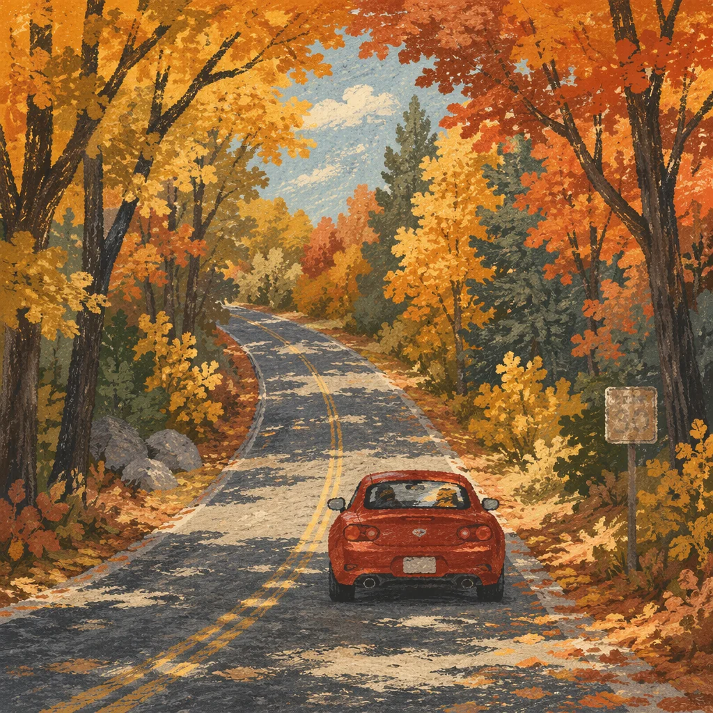 Red Coupe on Autumn Country Road