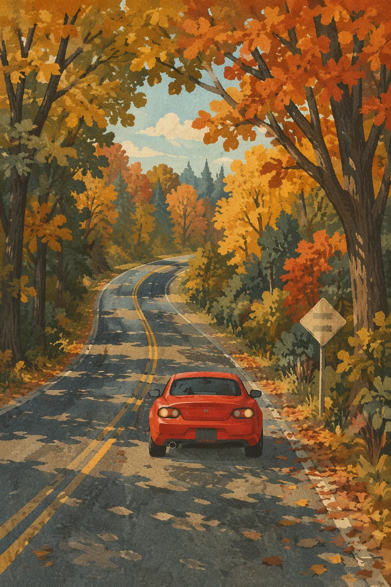 Red Coupe on Autumn Country Road