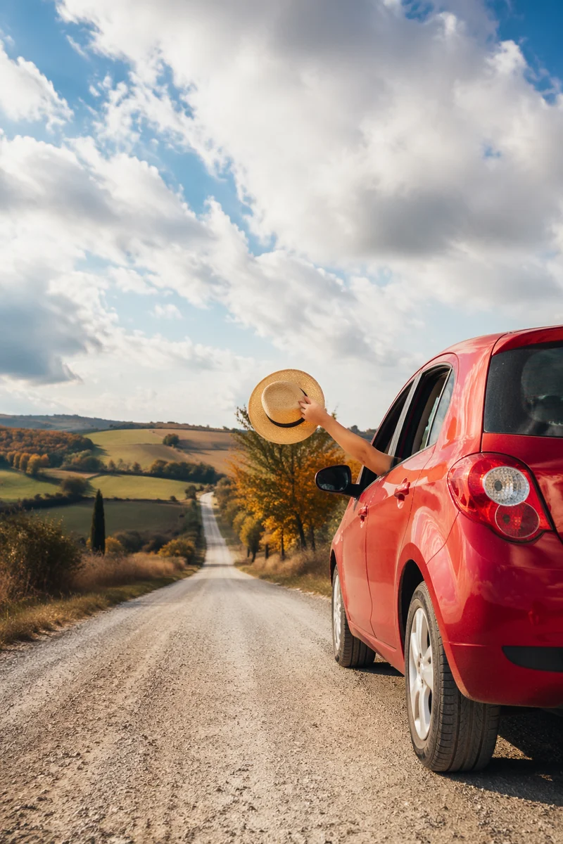 Red Car on Autumn Country Road