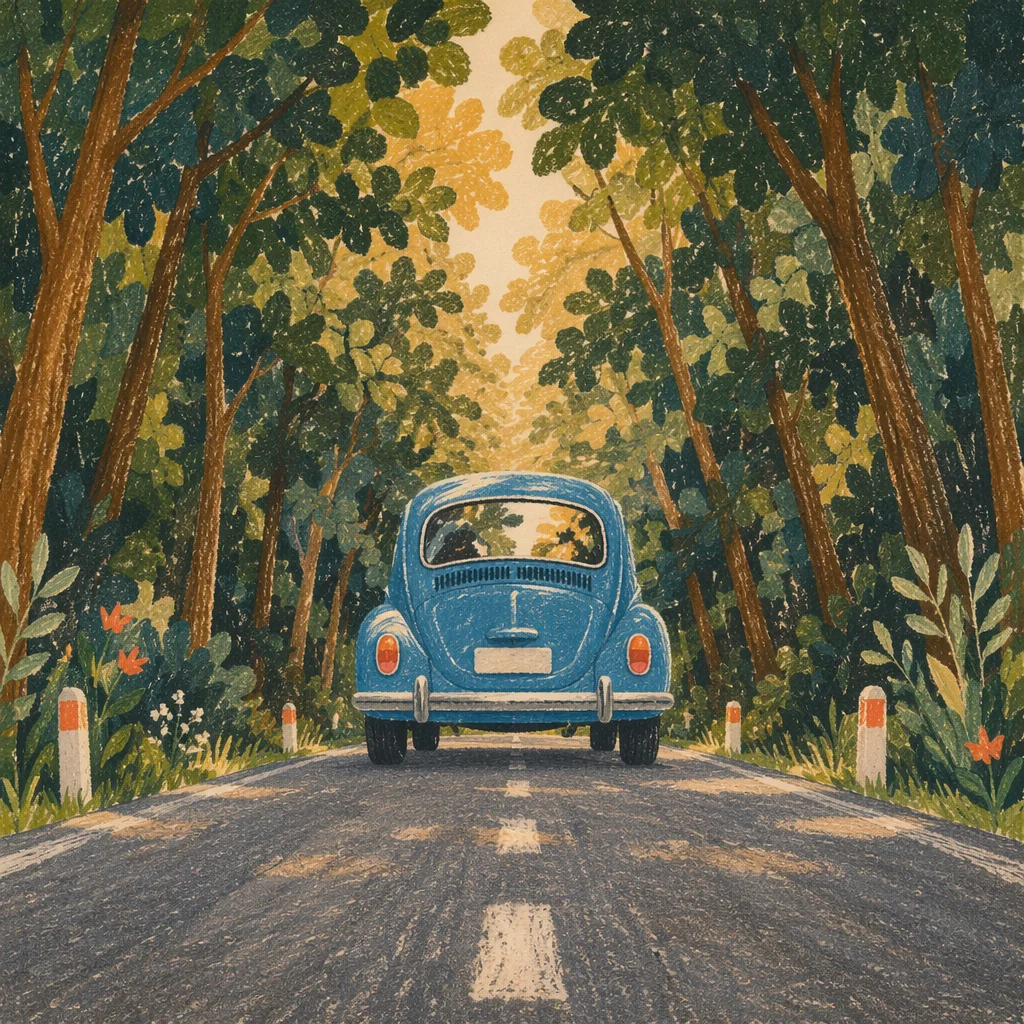 Vintage Blue Car on Forest Highway