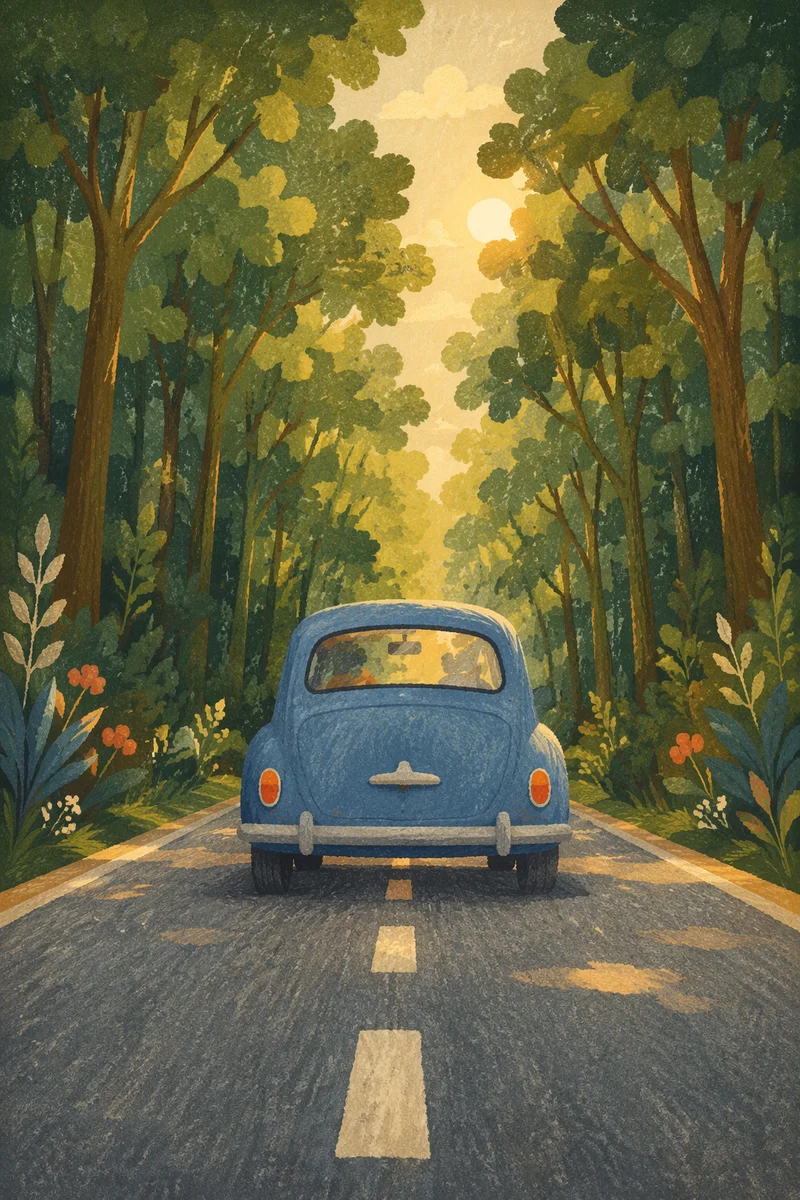 Vintage Blue Car on Forest Highway
