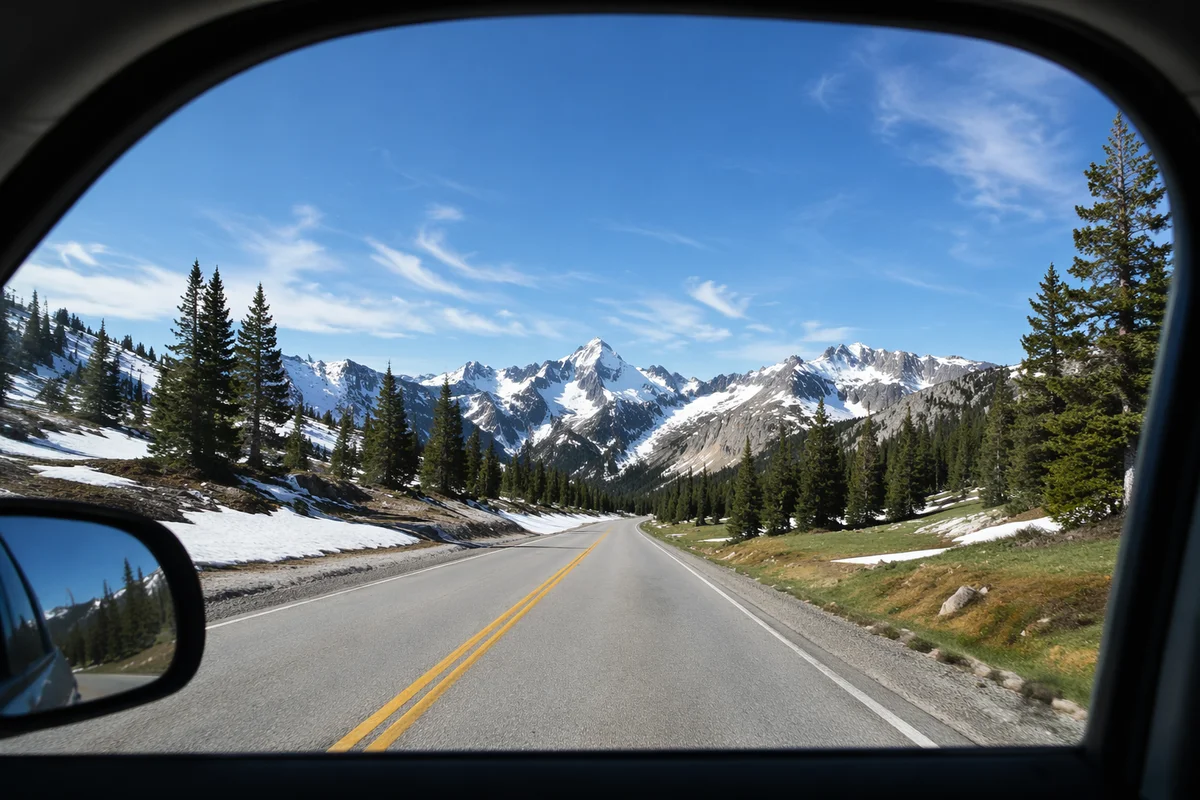 Open Highway Through Alpine Car Window